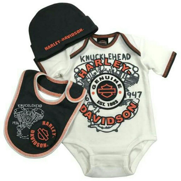 Harley-Davidson Baby Boys/' Bike 3-piece Infant Creeper Set w// Hat /& Bib 3//6M